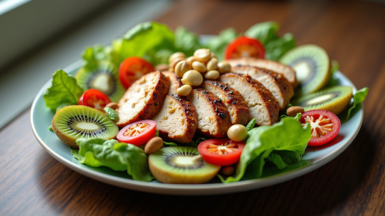 Salad with kiwi, grilled chicken, nuts, mixed greens, colorful, vibrant, professional photography, Salada agridoce com kiwi, frango e castanhas.