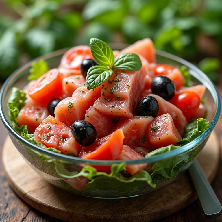 Salada de feijão branco com atum, tomates e azeitonas.