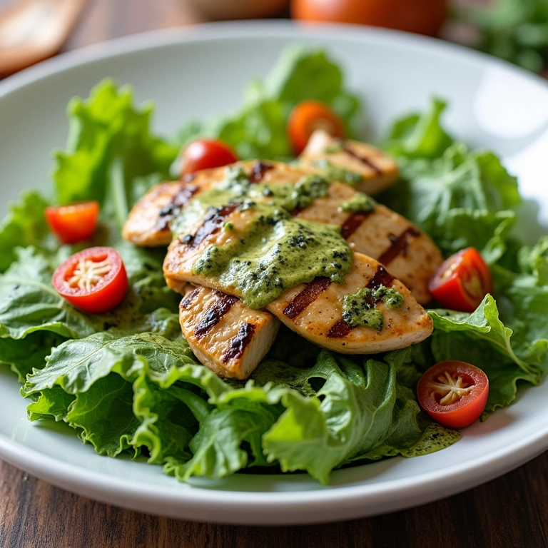 Salada fresca com molho pesto, frango grelhado e folhas verdes.