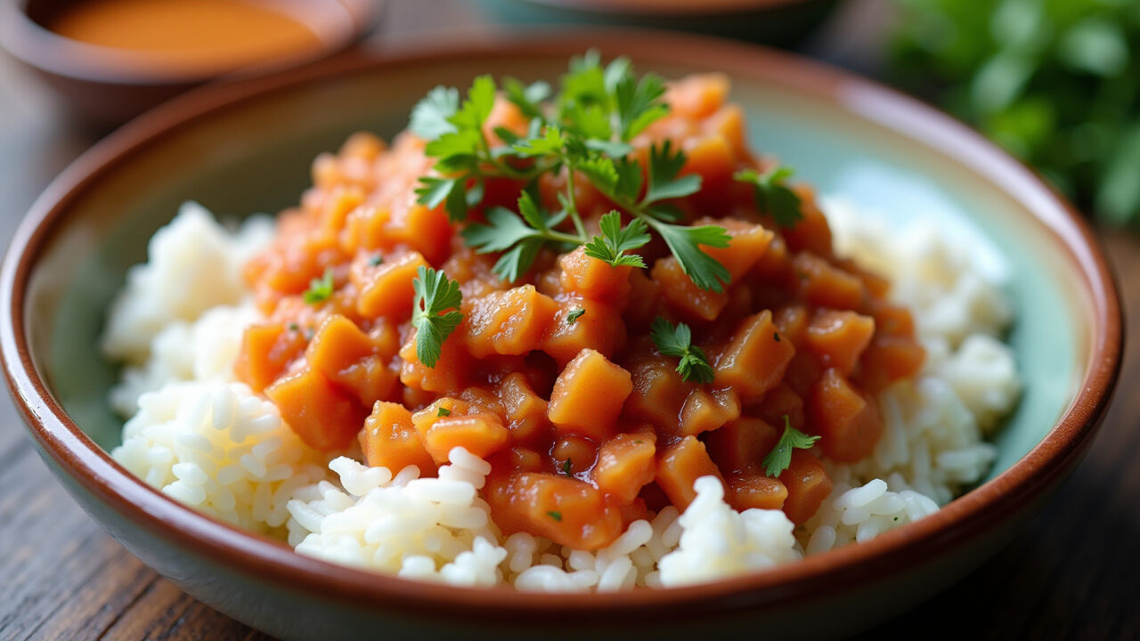 Salsicha ao molho agridoce in a bowl, served with white rice, 8K quality, sharp focus, professional Salsicha ao molho agridoce com arroz branco.