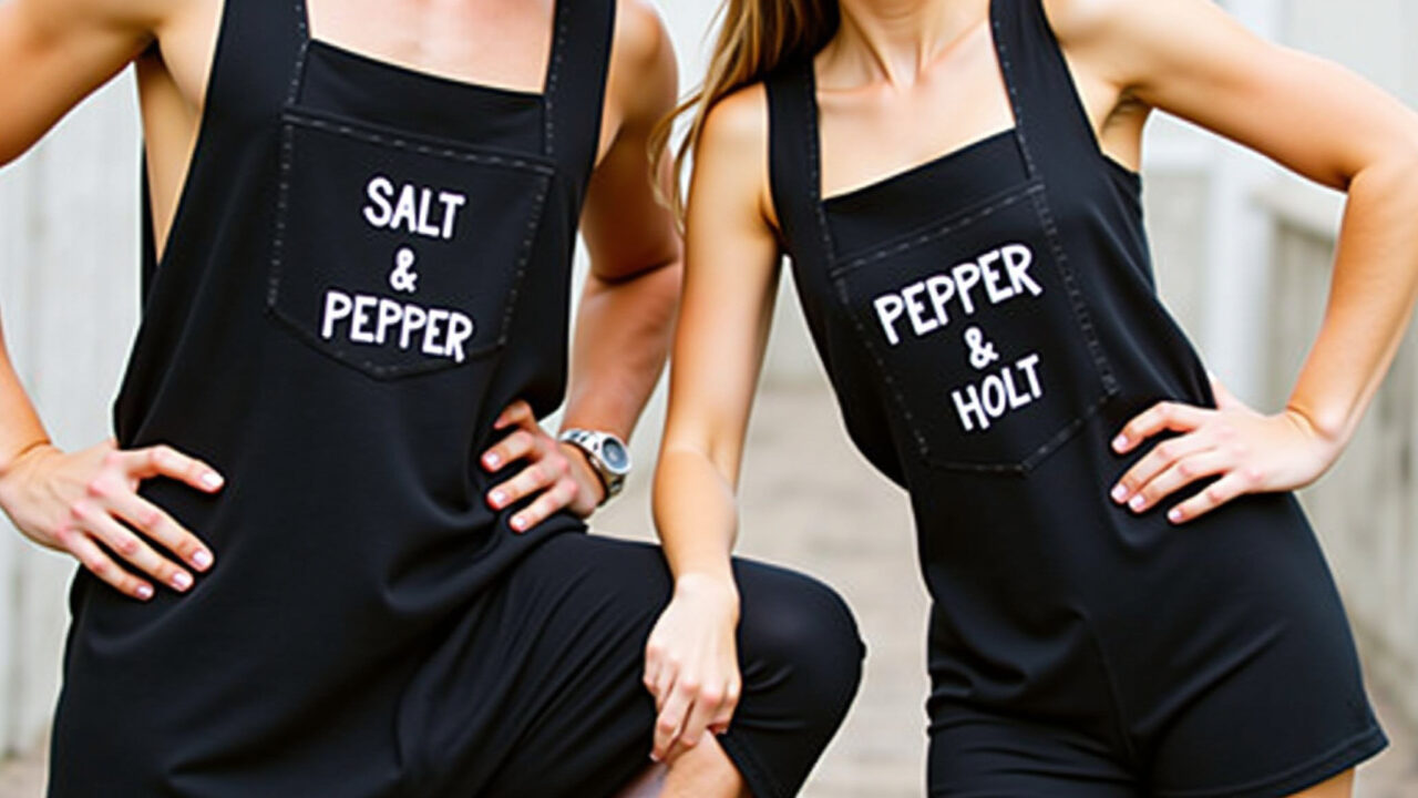 Salt and Pepper couple costume, black outfits, 'Salt' and 'Pepper' labels, creative, easy to make, Fantasia criativa de Halloween: Casal sal e pimenta.