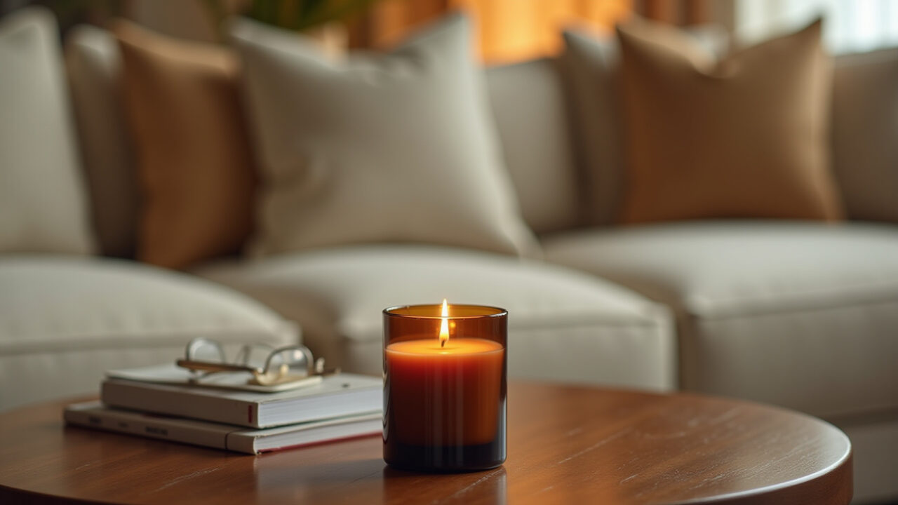 Sandalwood candle, living room, elegant decor, soft light, sophisticated Brazilian style, lifestyle Vela de sândalo para sofisticação.