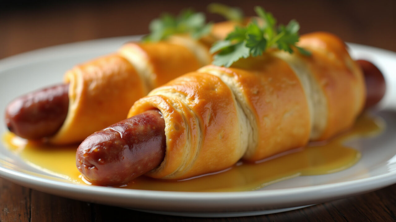 Sausage wrapped in puff pastry, on a plate, with mustard and honey sauce, 8K quality, sharp focus, Salsicha enrolada na massa folhada.