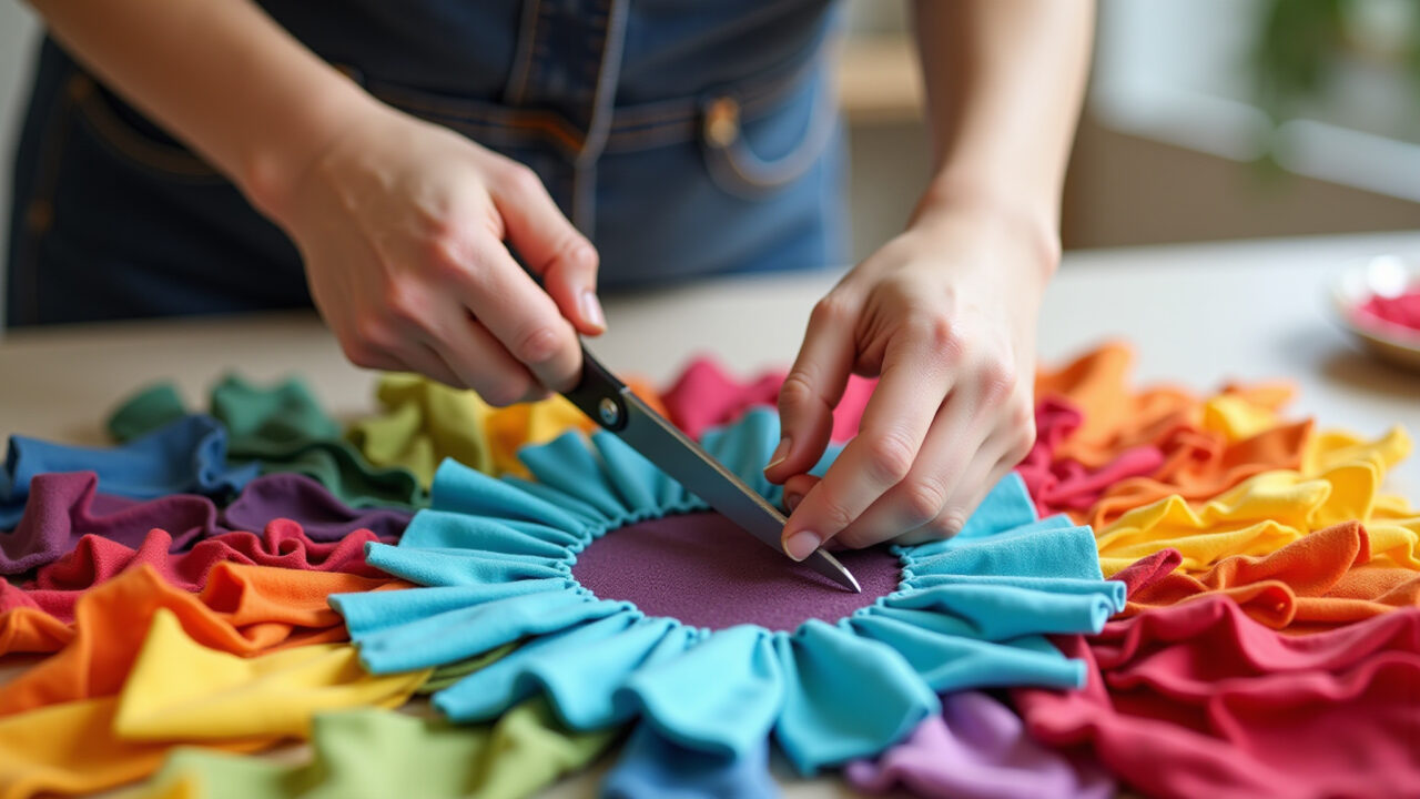 Scissors cutting colorful fabric scraps, creating various shapes for no-sew rag rug. Craft table, Cortando retalhos para tapete artesanal.