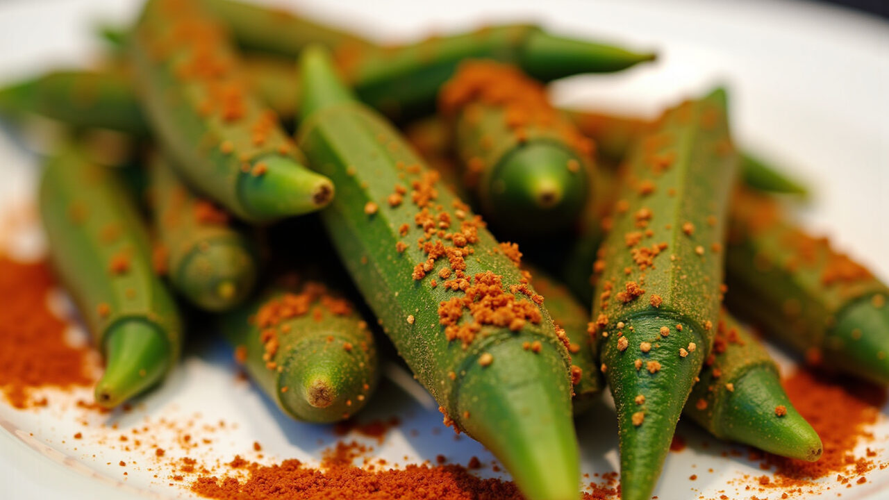 Seasoned fried okra, spices sprinkled, close-up, plate presentation, natural light, 8k, Quiabo frito temperado com especiarias.
