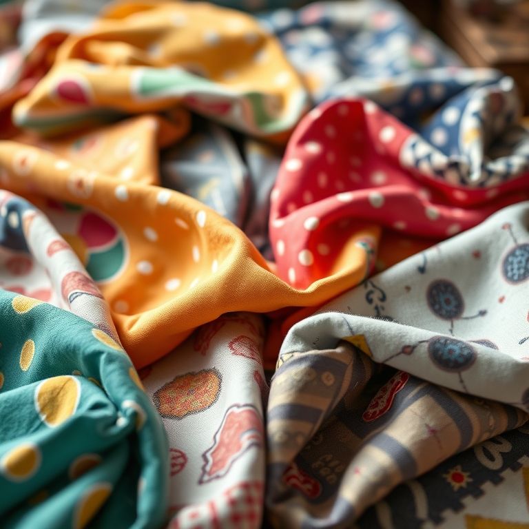 Seleção de tecidos coloridos e texturizados para patchwork.