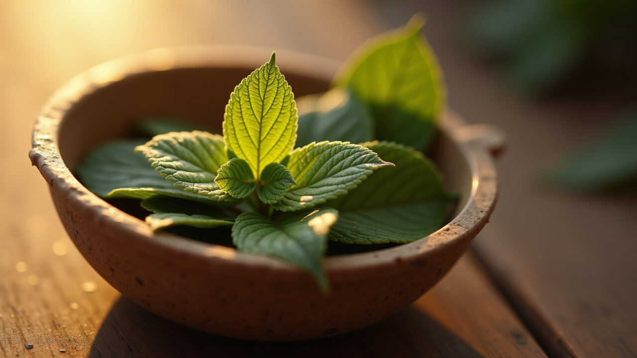 Sene leaves in a tea infuser, warm light, caution symbol subtly placed, professional photography, Chá de sene para aliviar a prisão de ventre (uso moderado).
