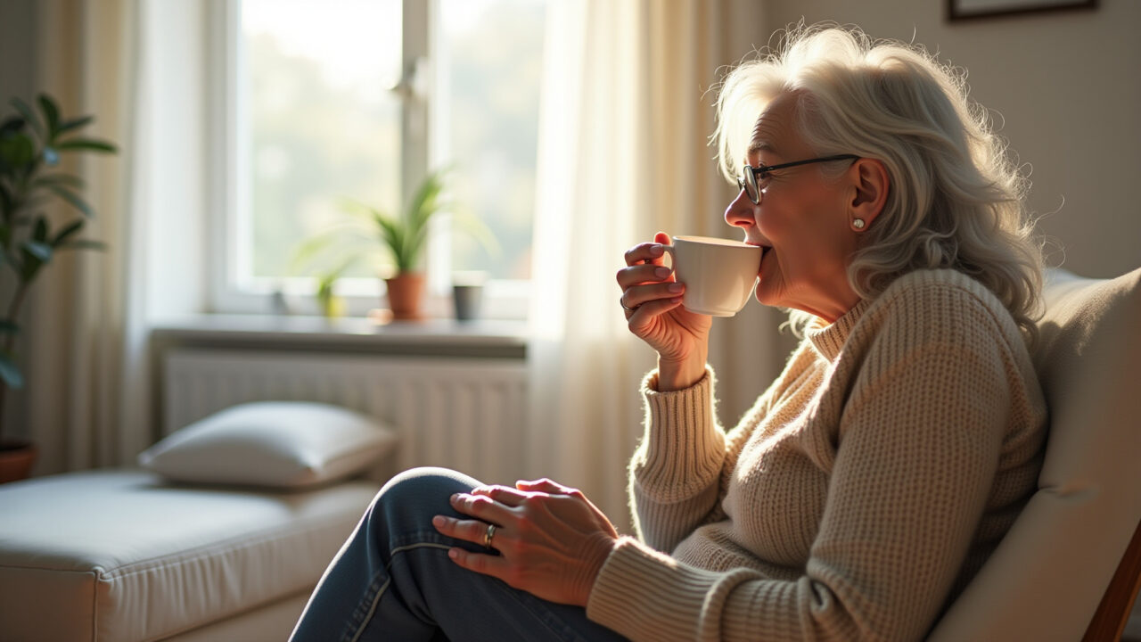 Senior Brazilian woman with arthritis drinking ginger tea, cozy living room, natural light, 8k, Idosa tomando chá de gengibre para inflamação.