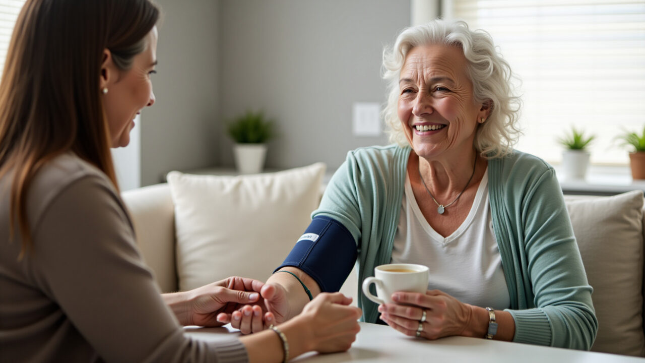 Senior woman checking blood pressure, cup of uvaia tea nearby, home environment, caring, natural Idosa verificando a pressão arterial com chá de uvaia ao lado.