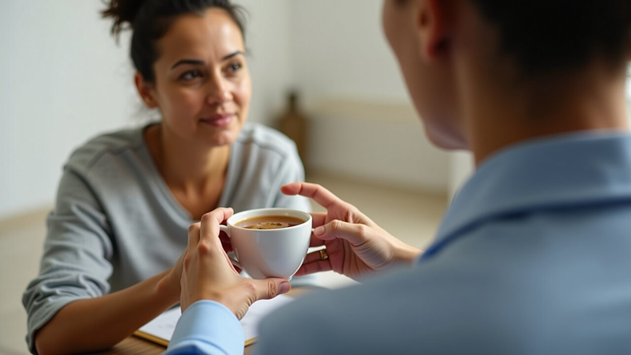Senna tea in a cup, Brazilian woman in her 40s consulting a doctor, cautious use, professional Xícara de chá de sene.