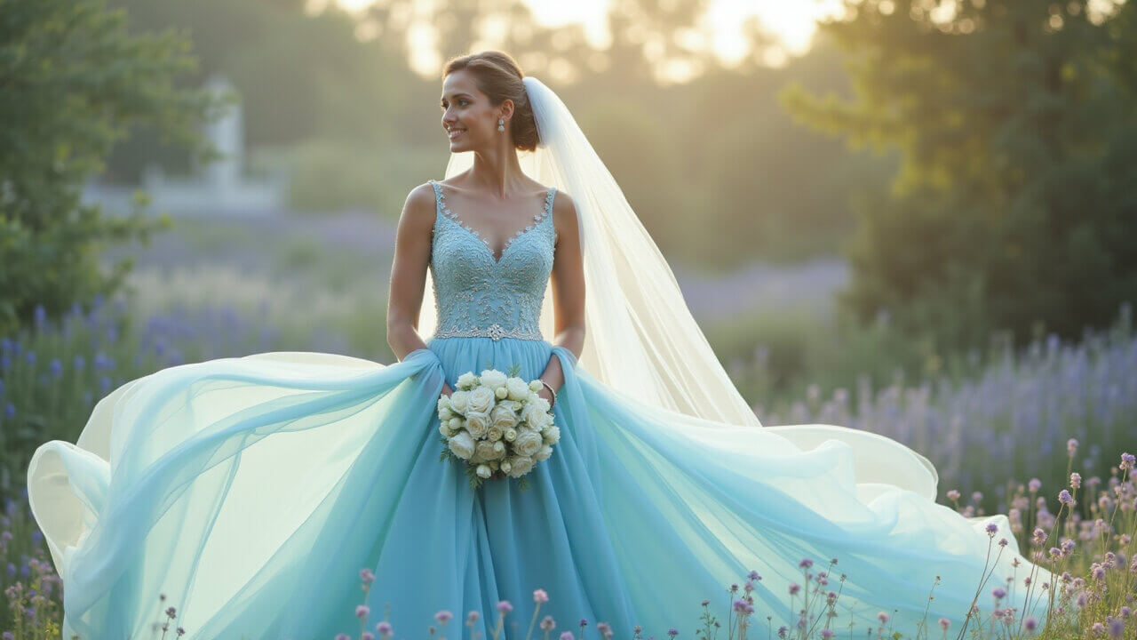 Casamento azul Serenity ao ar livre com cores pastel.