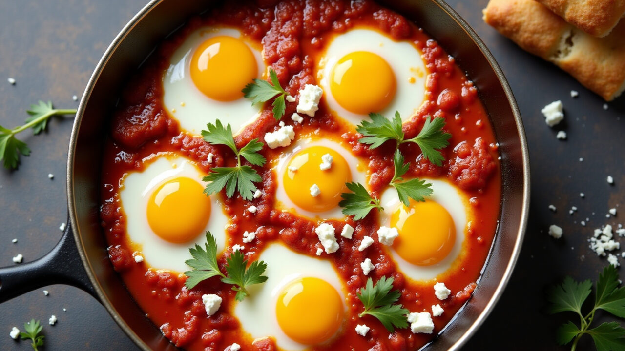 Shakshuka with eggs in tomato sauce, feta cheese, served in a pan, top view, 8k, professional food Shakshuka com ovos e queijo feta.