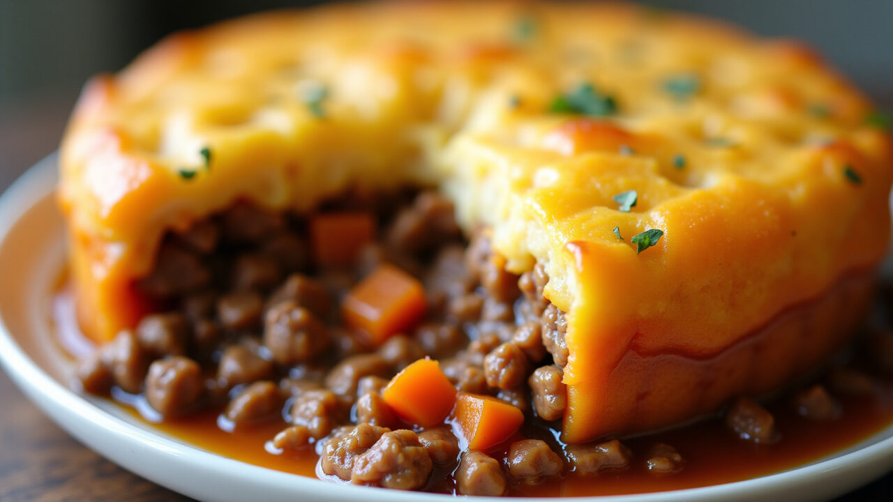 Shepherd's pie with ground hamburger meat, sweet potato puree, baked until golden brown, natural Escondidinho de carne de hambúrguer com purê de batata doce.