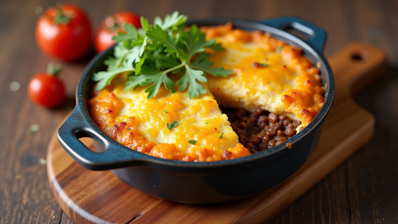 Shepherd's pie with sweet potato and carne seca, rustic style, professional photography, 8K Escondidinho de batata doce com carne seca, sabor nordestino.