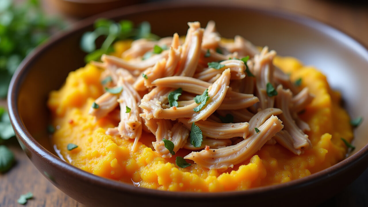 Shredded chicken mixed with mashed butternut squash, rustic bowl, Brazilian spices, warm colors, Frango desfiado com abóbora cabotiá.