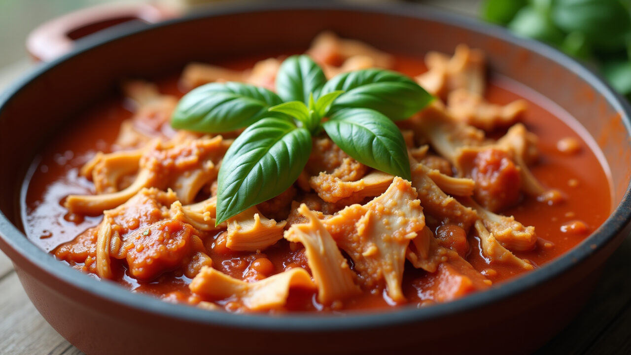 Shredded chicken simmering in homemade tomato sauce, basil leaves, rustic pot, Brazilian kitchen, Frango desfiado ao molho de tomate caseiro.