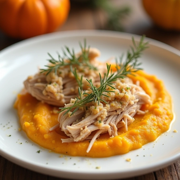 Shredded chicken with pumpkin puree on a white plate, garnished with herbs, cozy setting, natural Frango cozido desfiado com purê de abóbora, conforto e leveza.