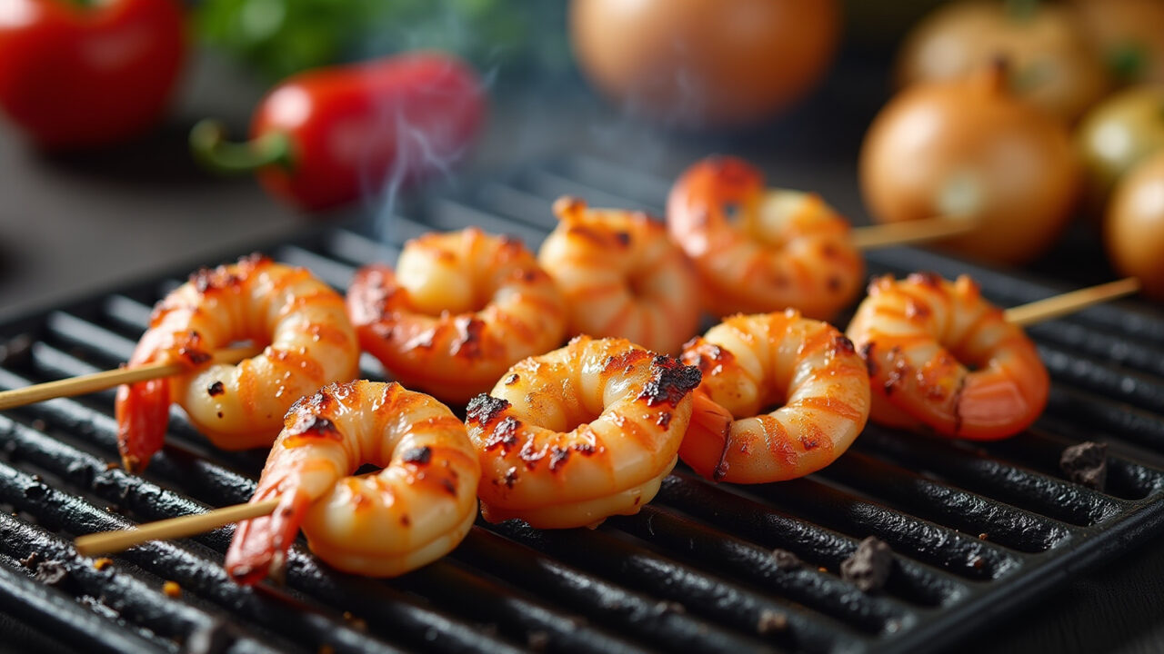 Shrimp skewers on a grill, pimentão, cebola, tomate cereja, professional photography, 8K quality, Espetinhos de camarão grelhados no churrasco.