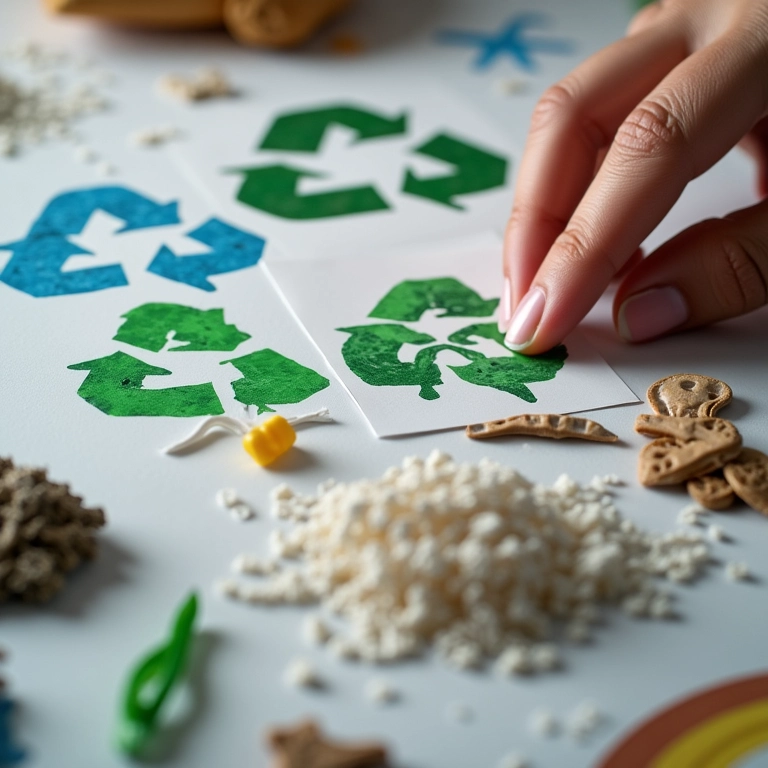 Símbolos de reciclagem em diferentes materiais com mãos separando o lixo.