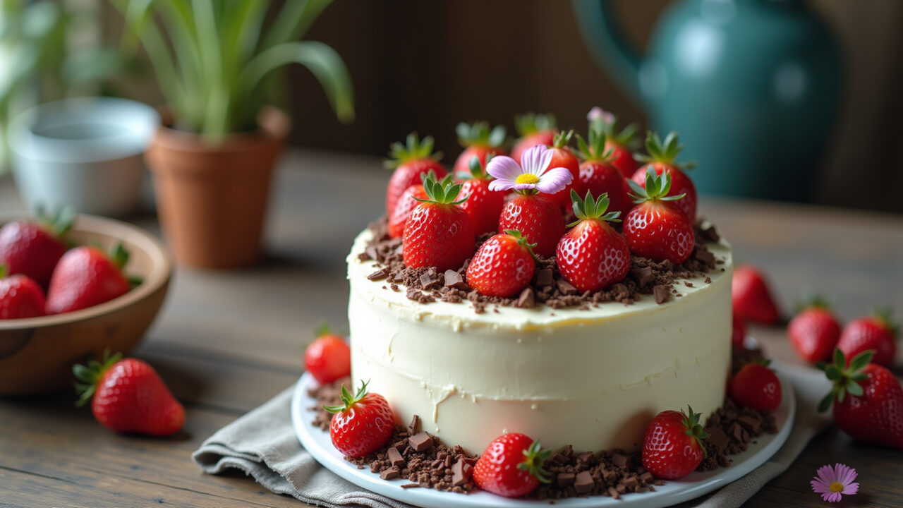 Bolo simples decorado com frutas e flores