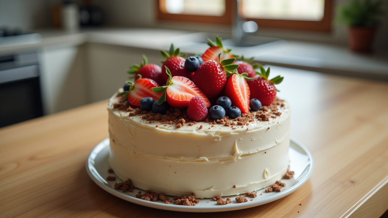 Simple decorated cake with fresh fruits and chocolate shavings, natural lighting, 8K quality, sharp Bolo decorado simples com frutas frescas e raspas de chocolate.