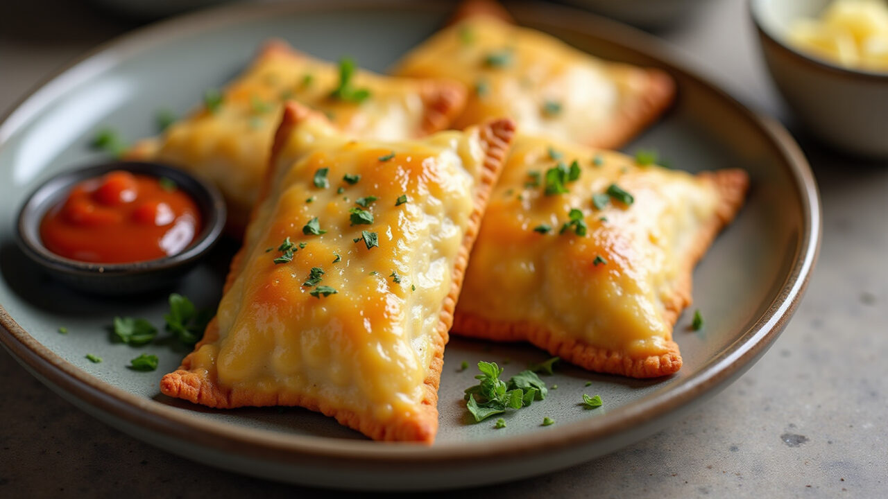 Simple pastel de queijo com orégano, melted cheese, crispy crust, served with chili sauce, rustic Pastel de queijo com orégano simples.