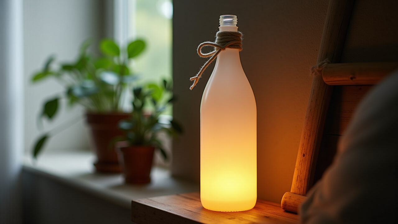 Simple PET bottle lamp with twine, elegant design, Brazilian home, warm light, natural lighting, 8K Luminária PET com barbante, design elegante e iluminação suave.