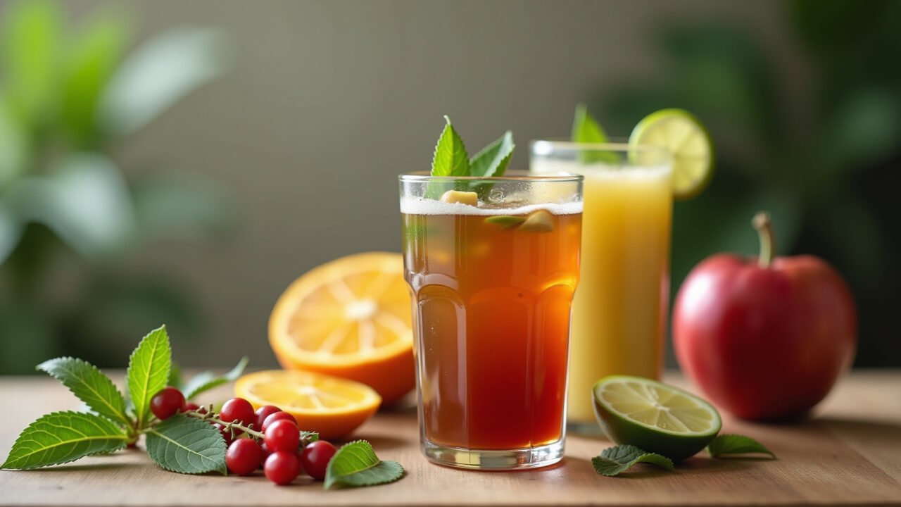 Siriguela leaf tea infused in juice, smoothie, creative recipes, colorful ingredients, 8K, sharp Receitas criativas com chá de folha de siriguela.