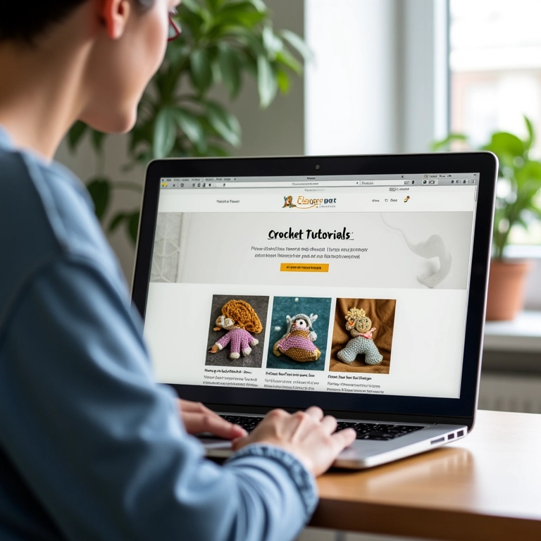 Site de blog em um computador mostrando tutoriais de crochê e padrões gratuitos.