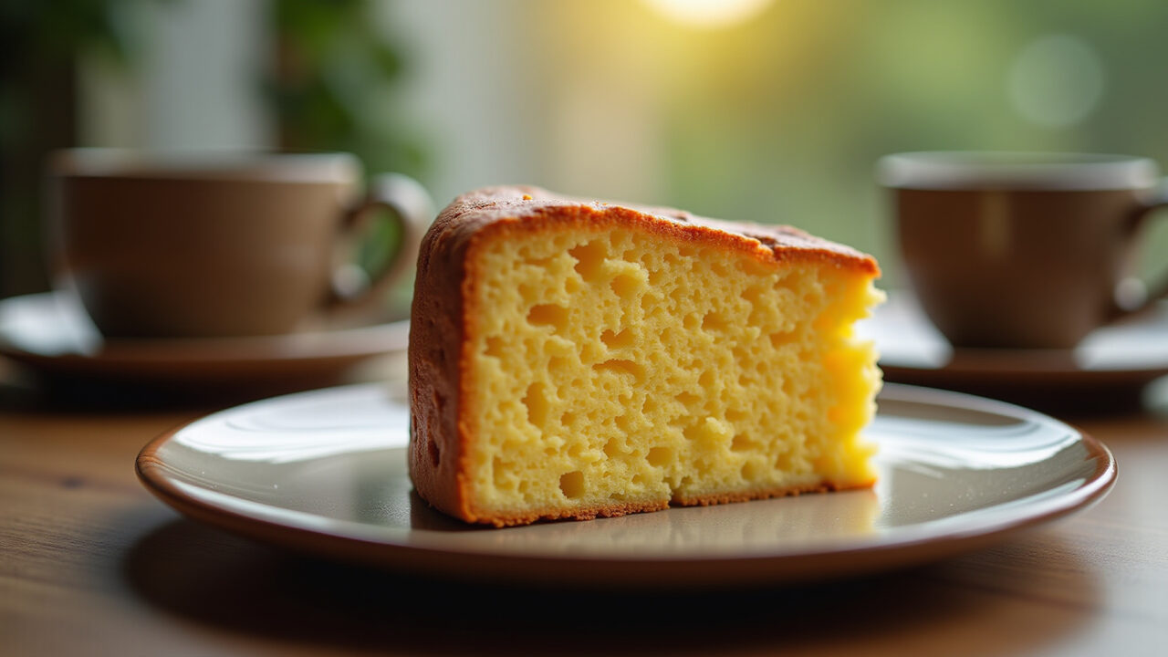 Slice of creamy cornmeal cake, rustic plate, coffee cup, warm light, lifestyle photography, 8K Bolo de fubá cremoso com farinha de trigo.