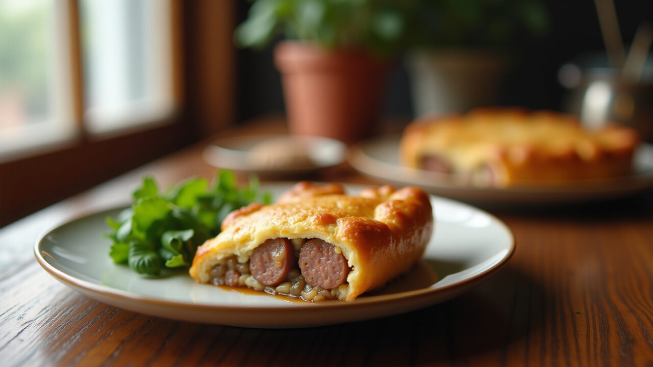 Slice of sausage pie on a plate, rustic kitchen setting, natural light, 8K quality, sharp focus, Fatia de torta de salsicha de liquidificador.