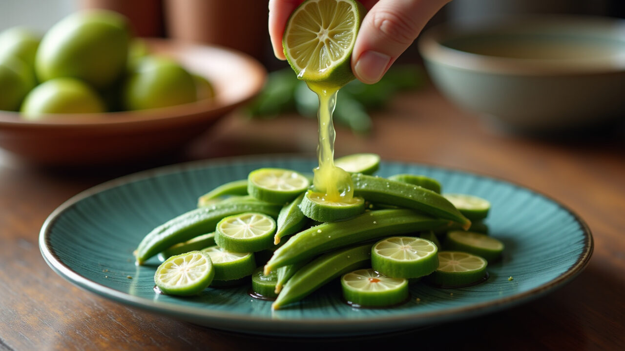 Sliced okra being drizzled with lime juice in a rustic Brazilian kitchen, vibrant colors, Quiabo com limão para reduzir a baba.