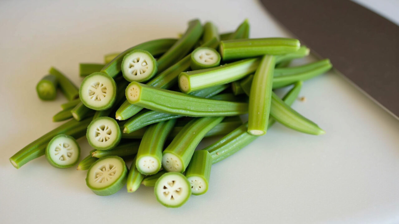 Sliced okra on a cutting board, ready for blanching, professional photography, 8K quality, sharp Quiabo cortado pronto para o branqueamento.