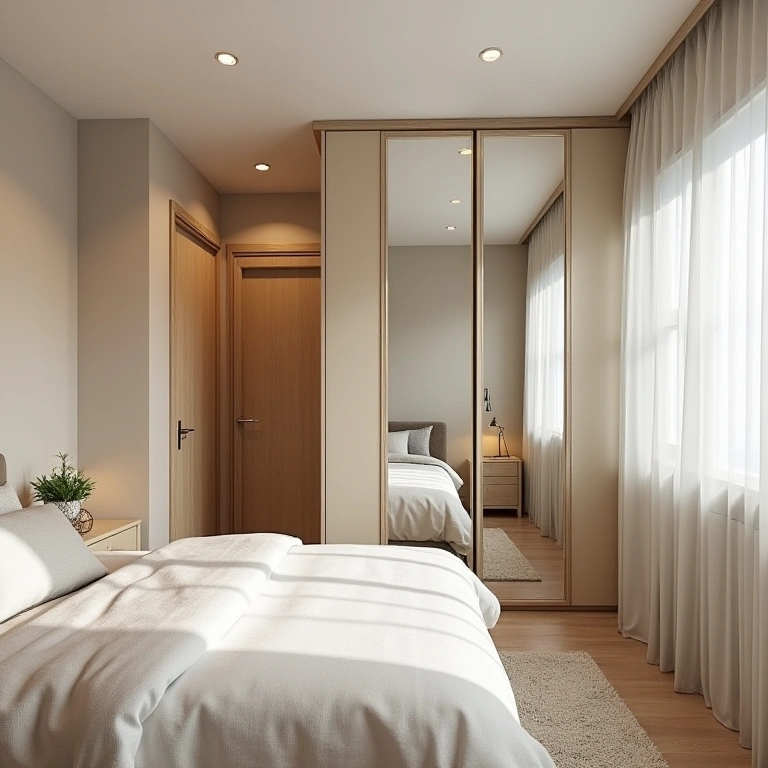 Small bedroom with mirrored MDF wardrobe, space-saving design, bright lighting, lifestyle Quarto pequeno com guarda-roupa MDF com espelho.