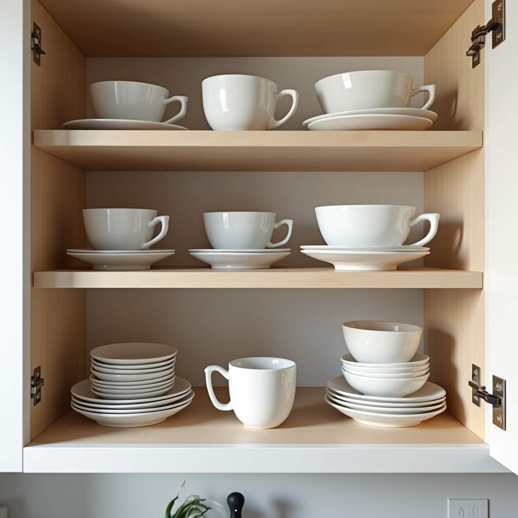 Small kitchen cabinet organization, cups and saucers, space optimization, shelves, bright, Otimização de espaço em armário pequeno com xícaras e pires.