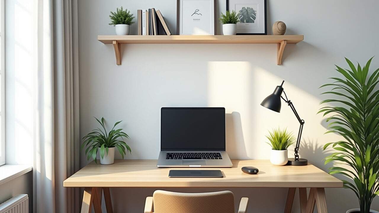 Small modern office decor, minimalist design, natural light, desk with laptop, shelf with plants, Escritório moderno pequeno com decoração minimalista e iluminação natural.