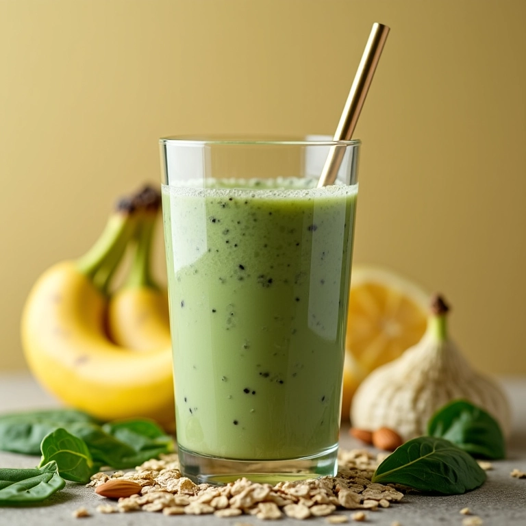 Smoothie de aveia refrescante com banana, espinafre e leite de amêndoas, uma bebida energética e nutritiva.