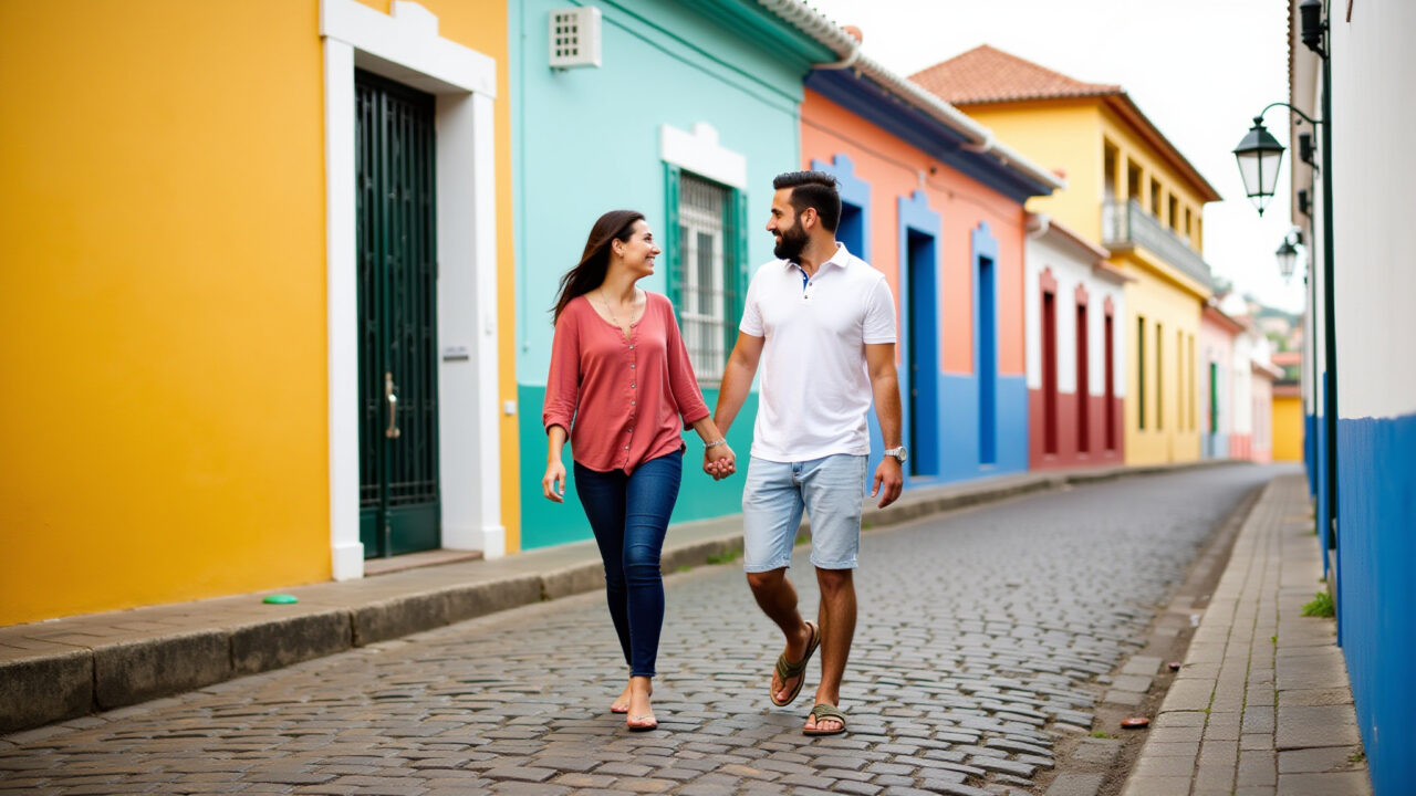 São Francisco do Sul, Brazil honeymoon. Couple exploring historic streets, colorful buildings. Casal explorando as ruas históricas de São Francisco do Sul.