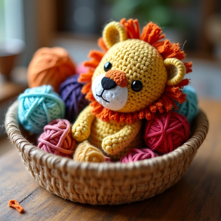 Sobras de fio coloridas com um amigurumi inacabado.
