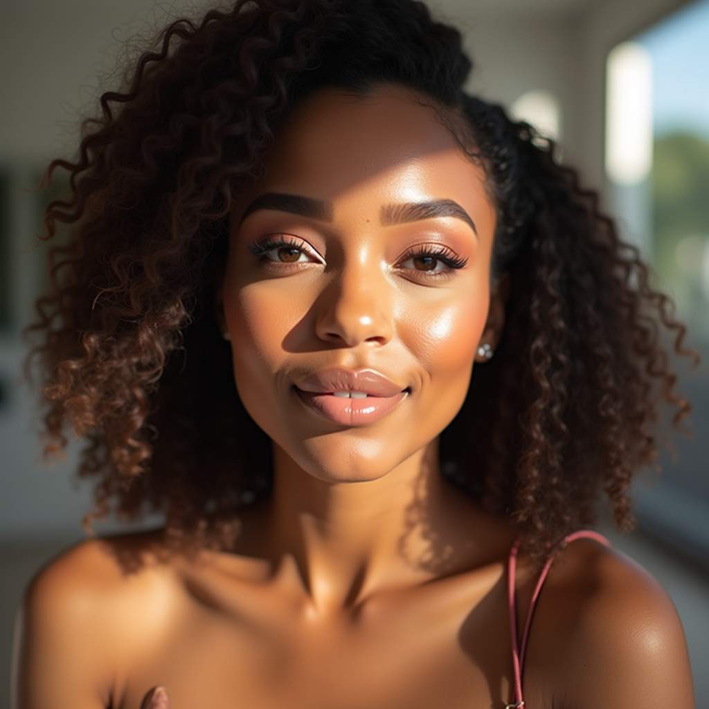 Social media influencer showcasing makeup look, bright natural lighting, commercial photography, 8K Influenciadora digital mostrando maquiagem.