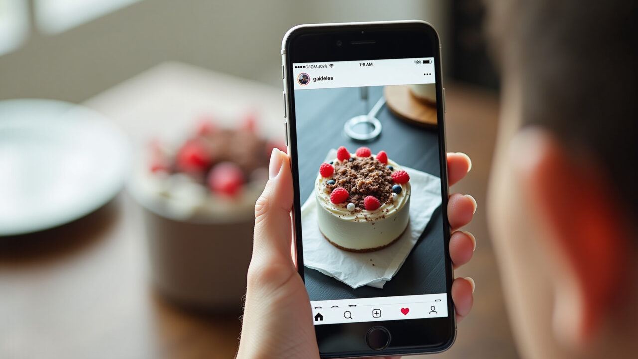 Social media promotion, decorated cake photos, smartphone, sharp focus, 8K quality, natural Divulgação de bolos decorados nas redes sociais.