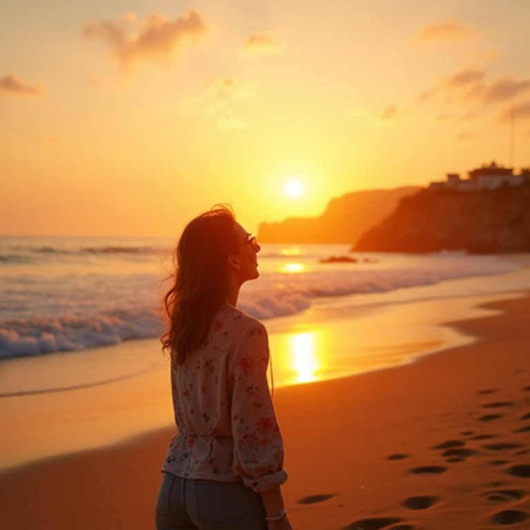 Solo female traveler enjoying Algarve beach sunset, golden sand, ocean waves, relaxed vibe, Turista aprecia o pôr do sol em praia do Algarve.