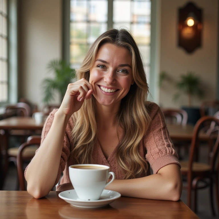 Solo female traveler in Lisbon, Portugal, enjoying coffee at a charming cafe, natural lighting, Mulher viajando sozinha em Lisboa toma café em café charmoso.
