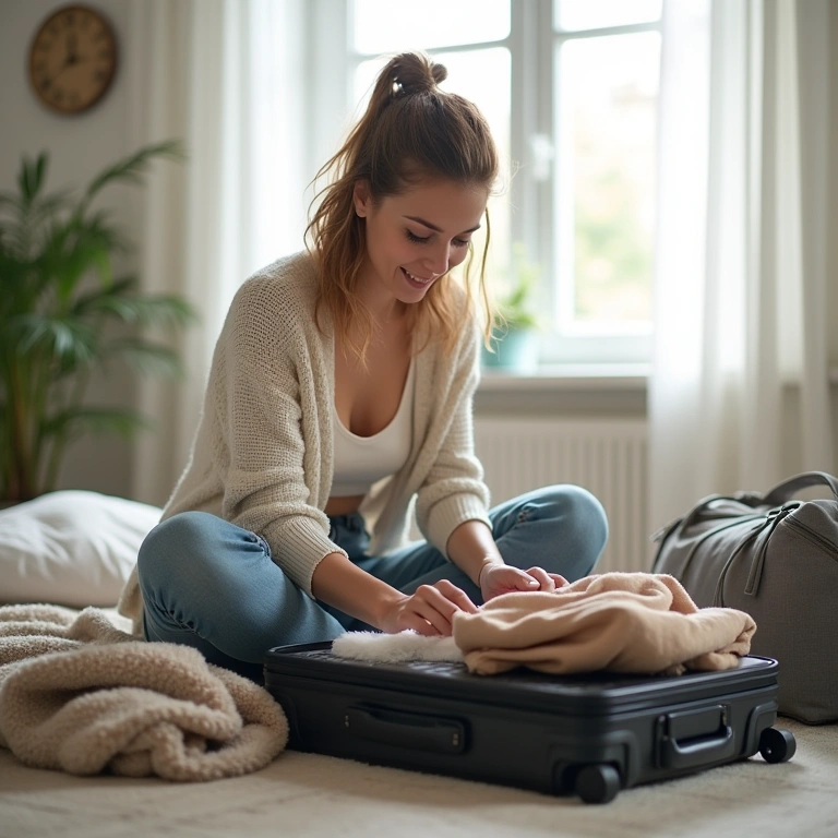 Solo female traveler packing suitcase, comfortable clothes, travel essentials, bright room, Viajante arruma mala com roupas confortáveis.