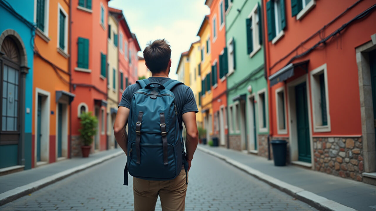 Solo traveler, backpack, cobblestone street, colorful buildings, european city, adventure, Viajante sozinha explorando cidade europeia.