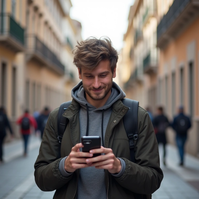Solo traveler using phone in Portugal, local SIM card, staying connected, city street, daytime, Turista usa celular com chip local em Portugal.