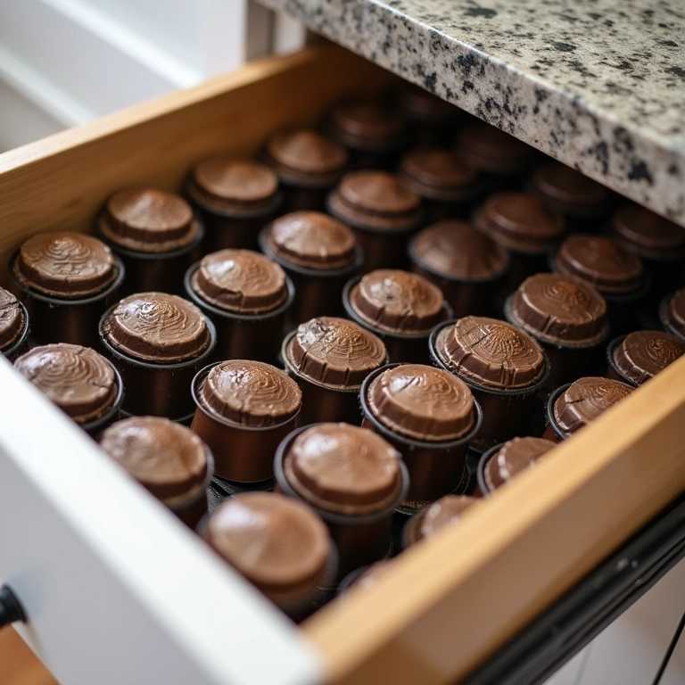 Soluções de armazenamento criativas usando cápsulas de café reutilizadas em uma gaveta da cozinha.