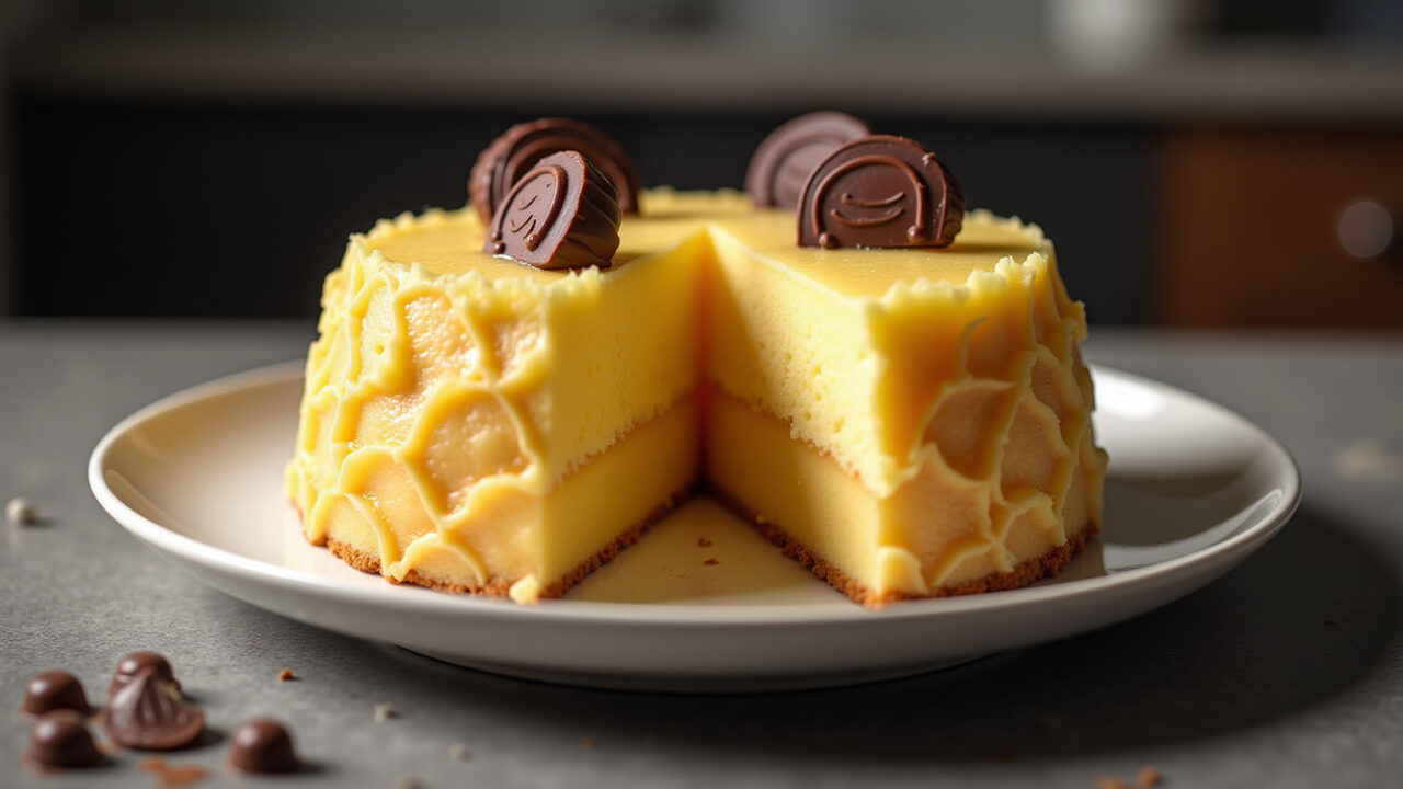 Sophisticated pineapple cake with chocolate plaques, dark chocolate, professional photography, 8K Bolo abacaxi decorado com chocolate.