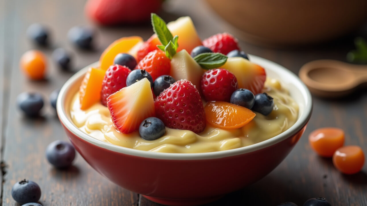 Sorvete caseiro de leite em pó in a bowl, with fruit toppings, professional photography, 8K Sorvete caseiro de leite em pó com frutas.