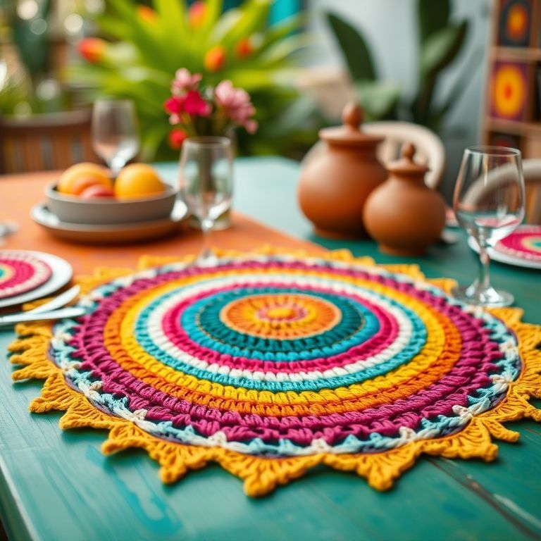 Sousplat de crochê colorido em mesa vibrante.